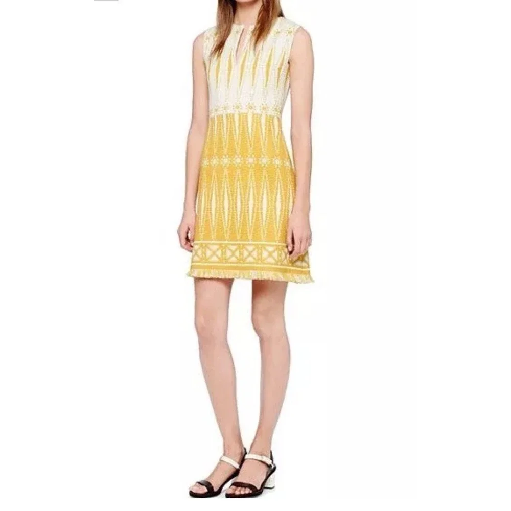 Tory Burch Sleeveless Cream and Mustard Patterned Shift Dress